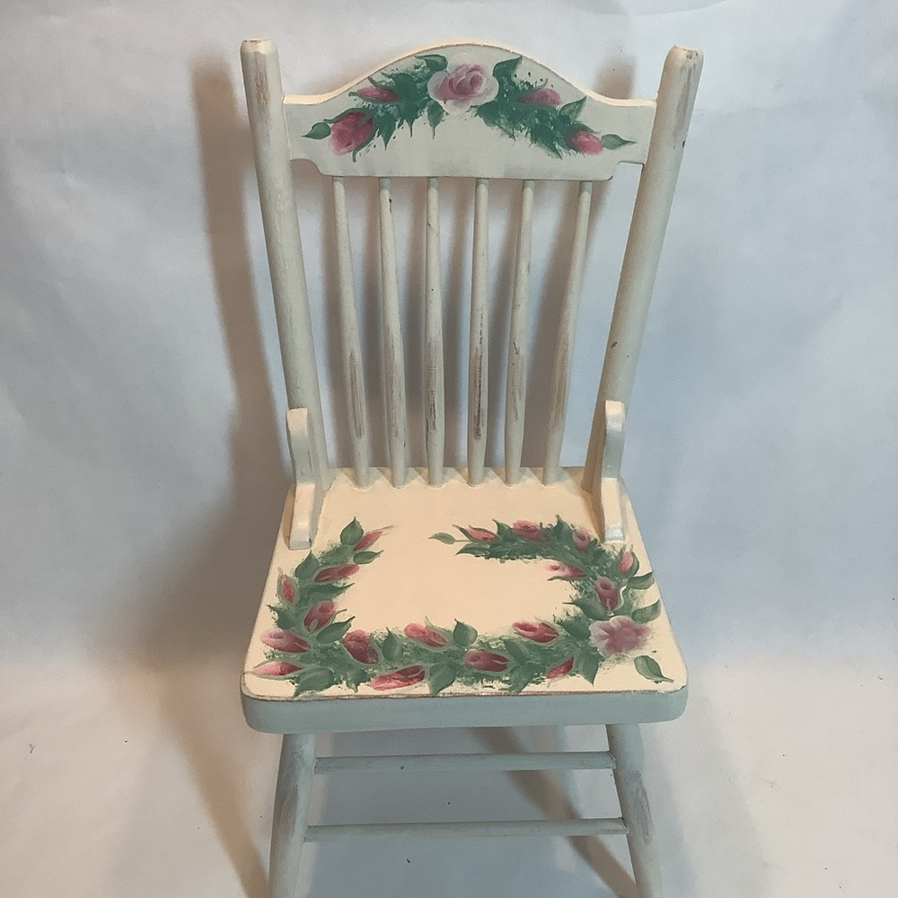 Hand Painted Doll Size Chair Rose Bud Artist Signed 12” Wood White Pink Green